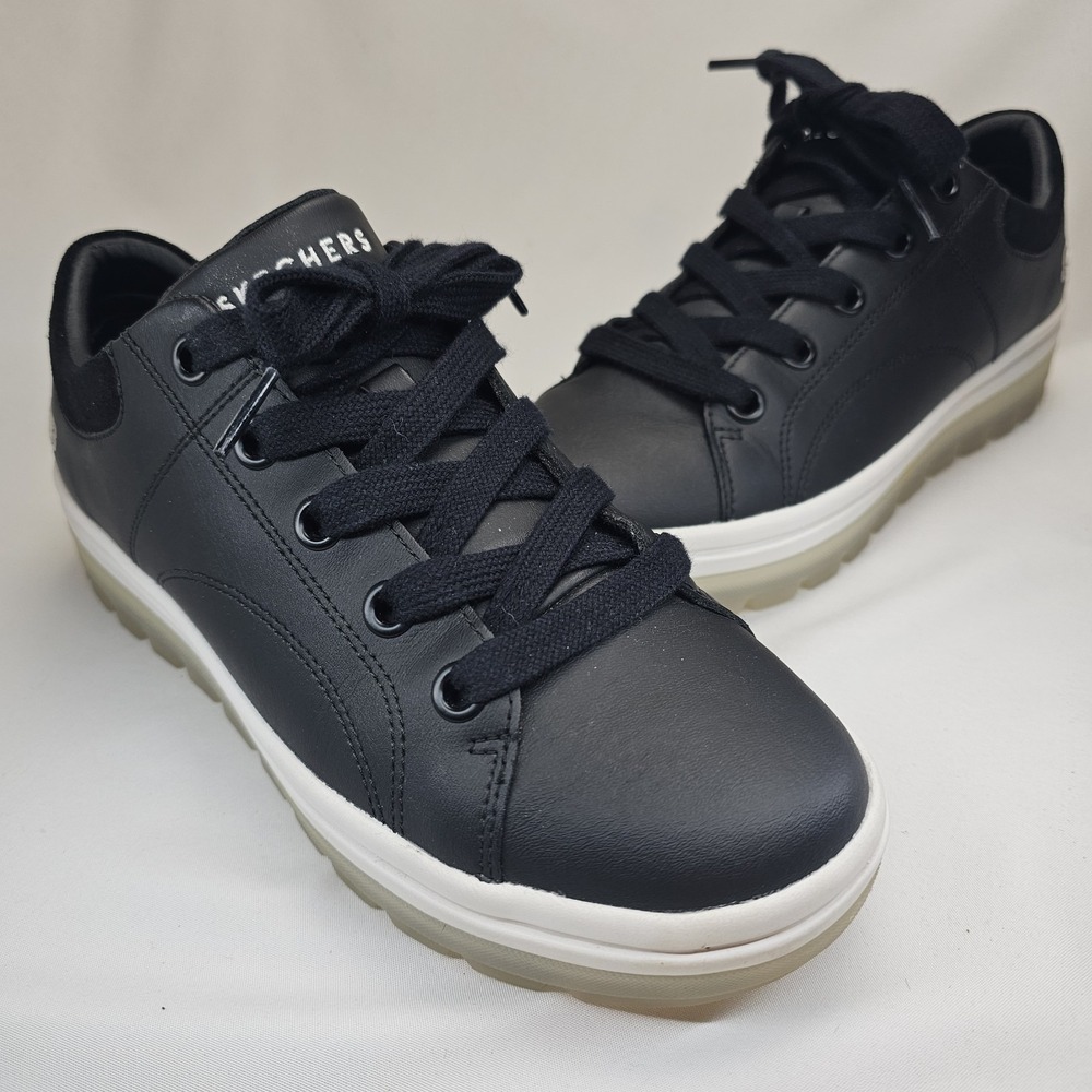 Skechers Black Leather Lace Up Sneakers Thick Midsole Air Cooled Memory Foam
